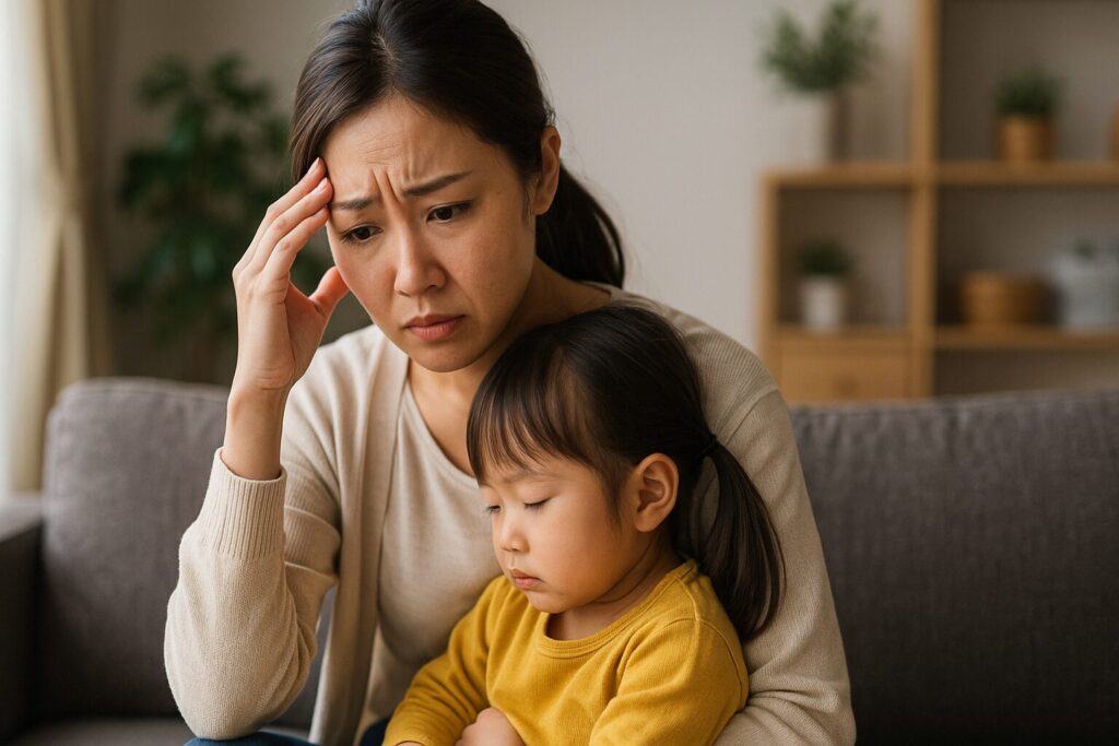 子どもを抱っこして悩む女性