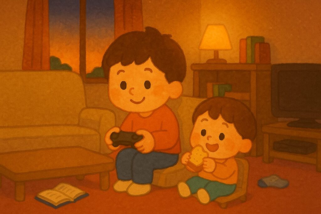 夕方遅くにゲームで遊ぶ子どものイメージ