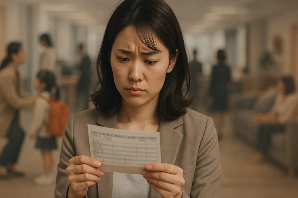 給料明細を見て悩む女性