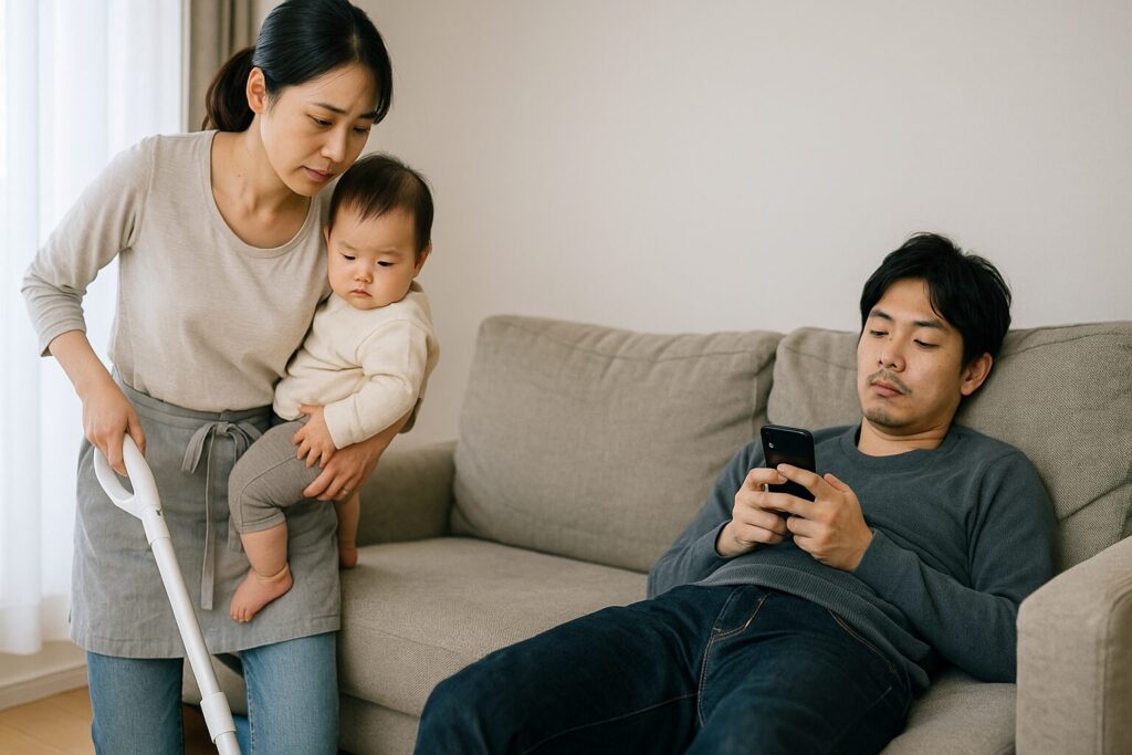 子どもを抱えて掃除する女性と、ソファでスマホを操作する男性