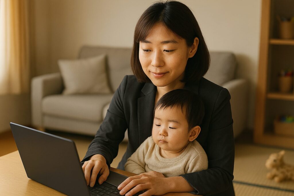 子どもを抱っこしてPCを開く女性