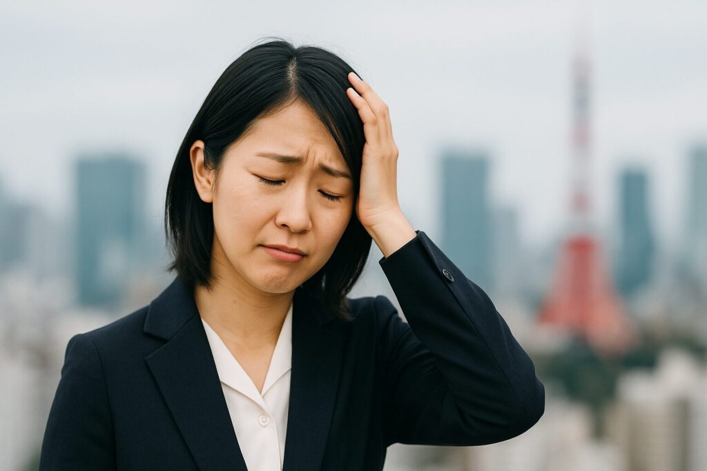 悲しい様子で頭を抱える女性