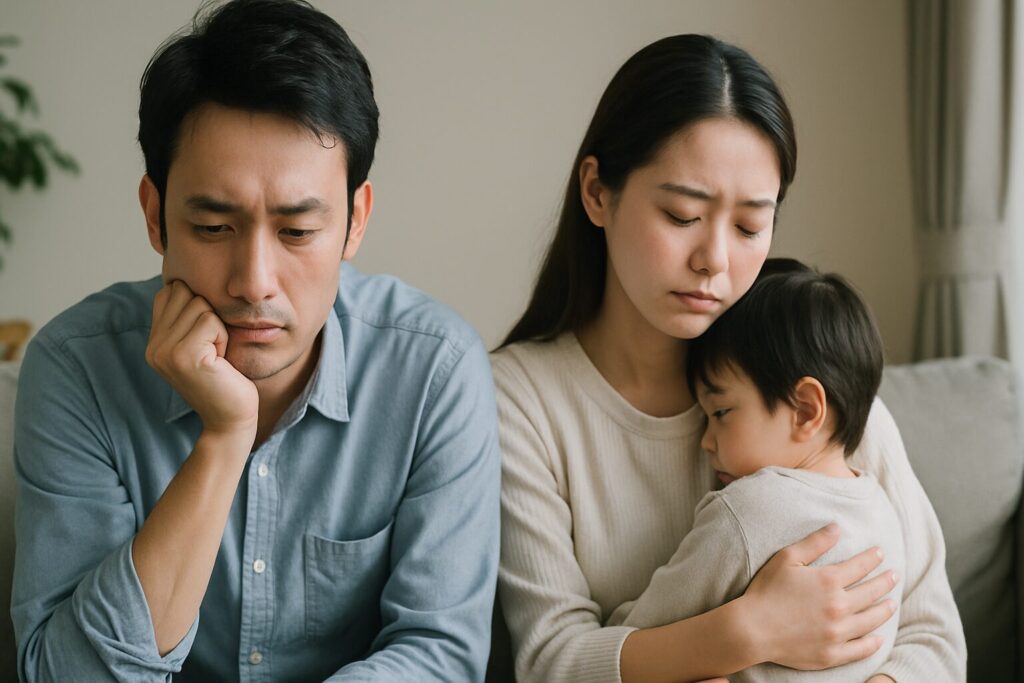疲れた様子の家族