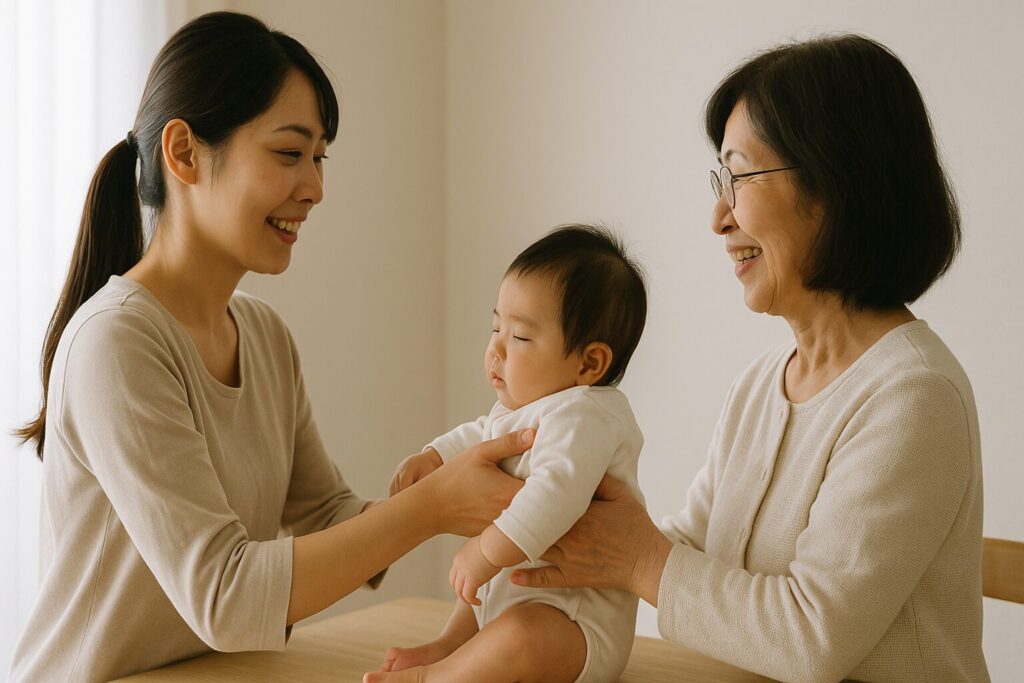 祖母に赤ちゃんを預ける母親