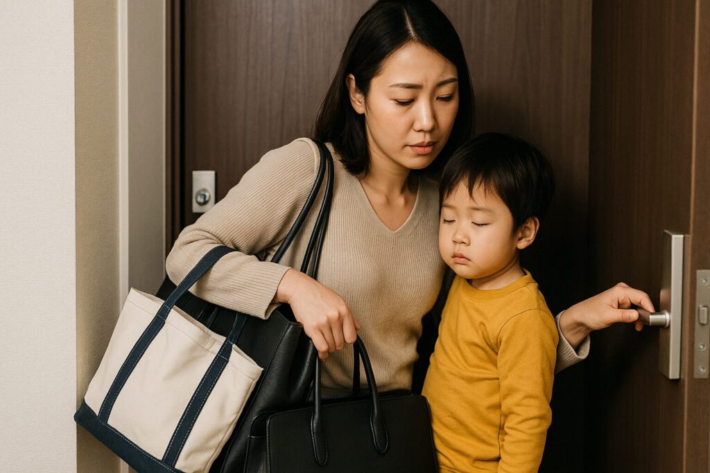 眠そうな子どもを送迎にいく母親