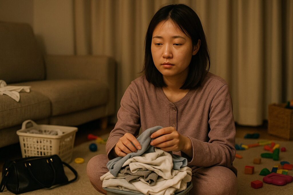 疲れた様子で洗濯物をたたむ女性