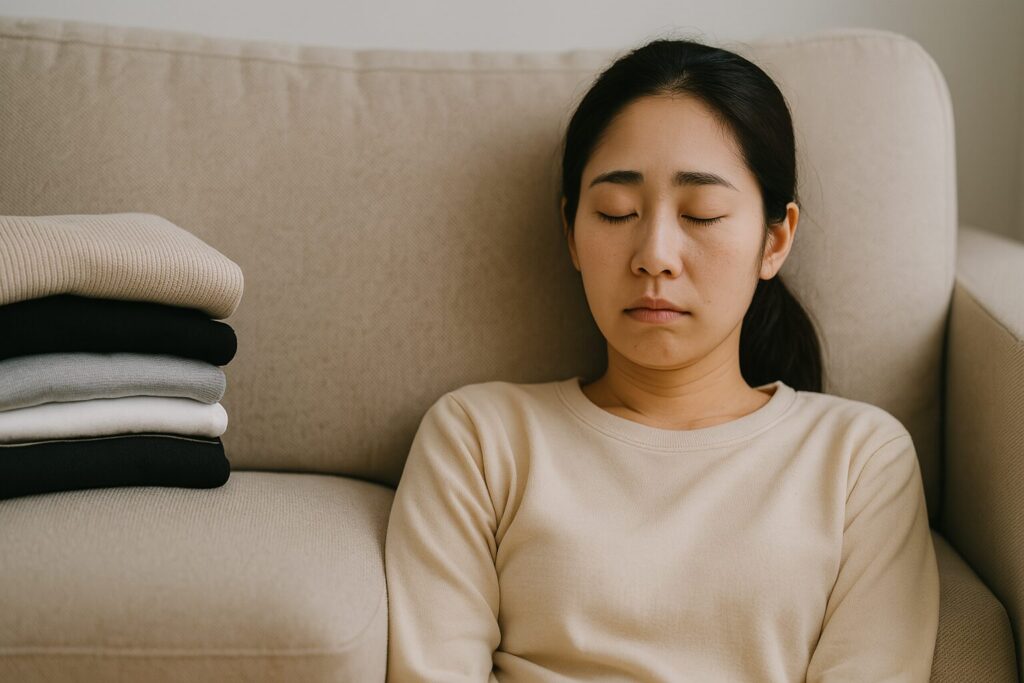 ソファで値落ちする女性