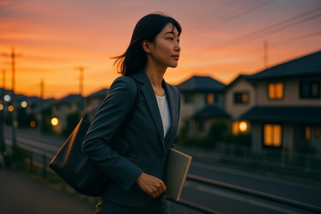 夕方の街を歩く女性