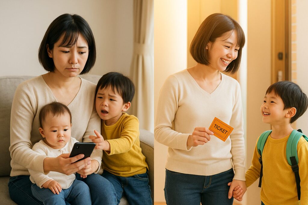 兄弟にかこまれる母親