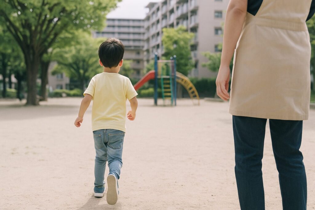 公園に駆け出す子どもの後ろ姿