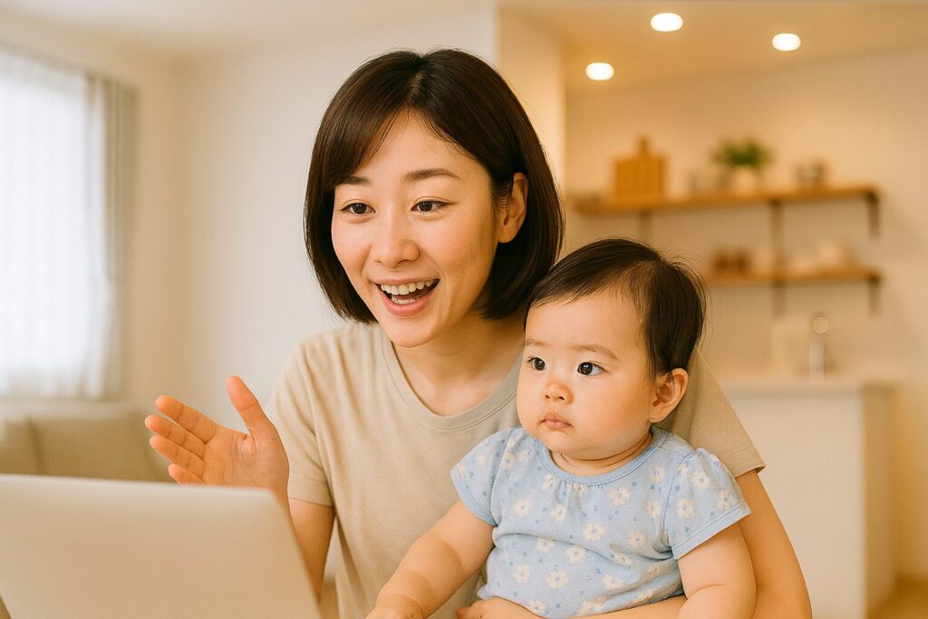 赤ちゃんを抱っこしてPCに向かって話す女性