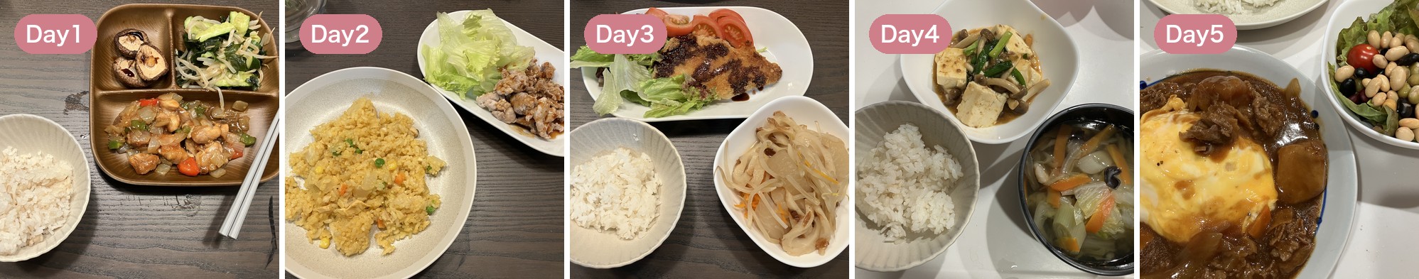 ヨシケイカットミール5日間の完成した夕食5枚（黒酢炒め・ポークソテー・あじフライ・麻婆豆腐・オムライス）