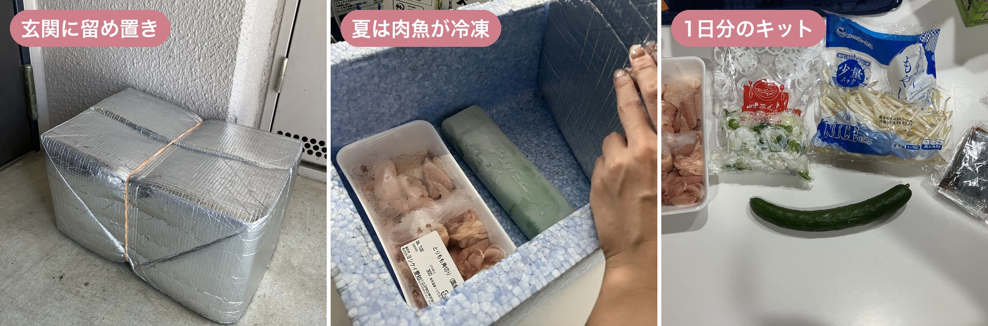 ヨシケイの届き方。玄関に留め置きされた保冷ボックス、夏に冷凍で届いた肉、1日分のカットミールの食材一式