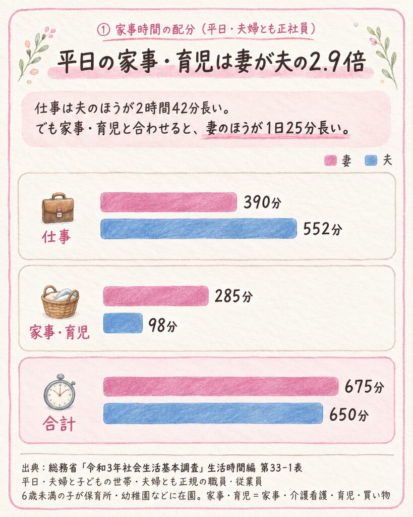 平日の家事・育児時間の夫婦比較グラフ(夫婦とも正社員で保育園児のいる家庭)。仕事は妻390分・夫552分、家事・育児は妻285分・夫98分、合計は妻675分・夫650分