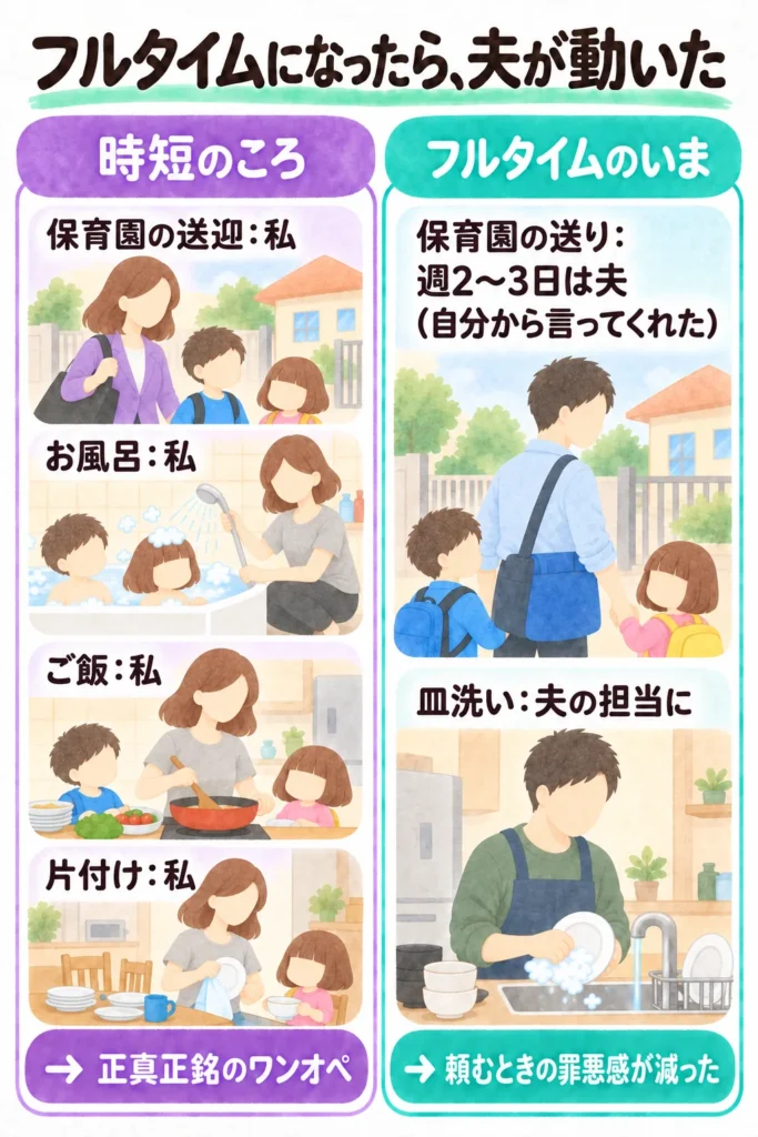 家事育児の分担の比較。時短のころはワンオペ、フルタイムになって夫が送りと皿洗いを担当