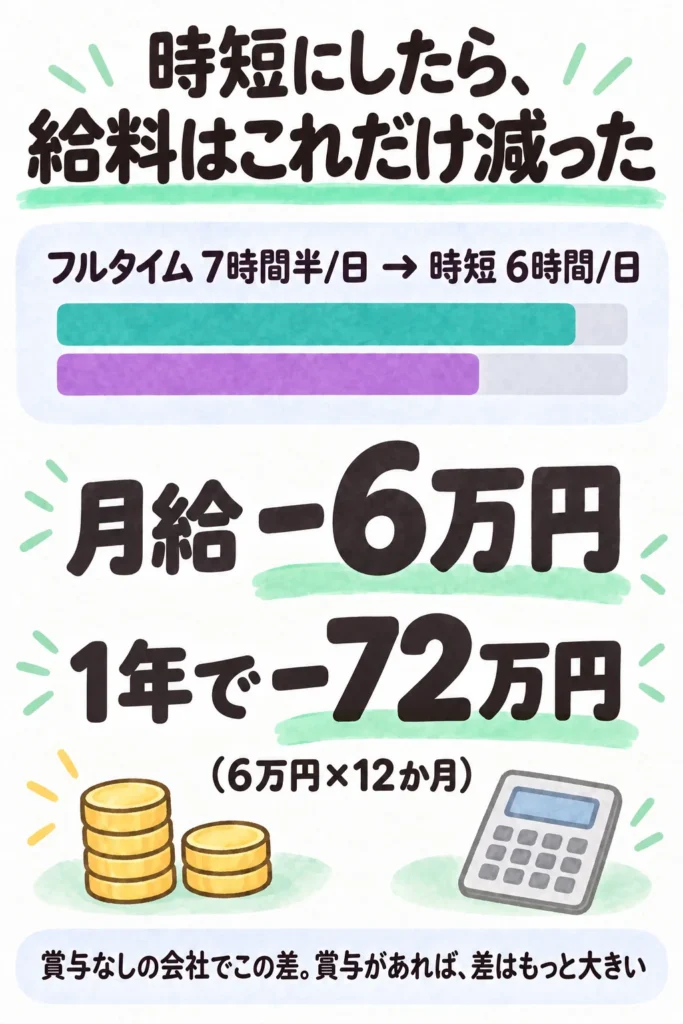 勤務時間7時間半から6時間で月給6万円減、1年で72万円減